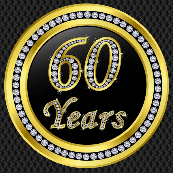 60 years anniversary, happy birthday golden icon with diamonds, vector illu — Stock Vector