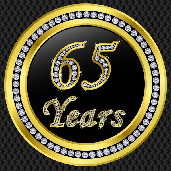 65 anni anniversario, felice compleanno icona d'oro con diamanti, vettore illu — Vettoriale Stock