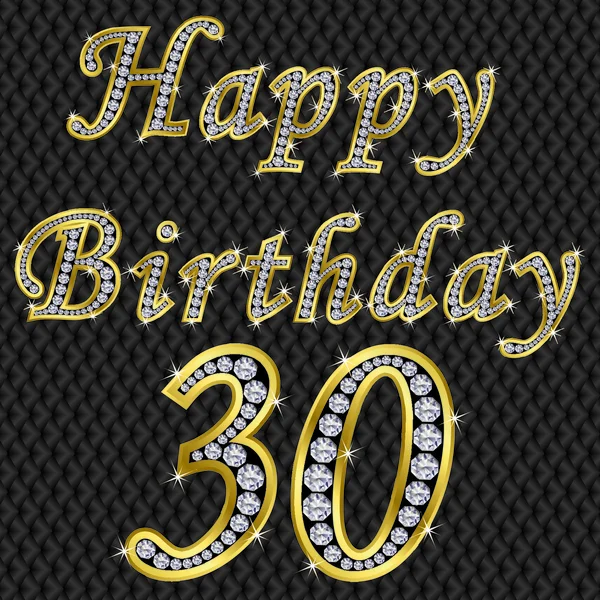 Feliz 30 cumpleaños, dorado con diamantes, ilustración vectorial — Vector de stock