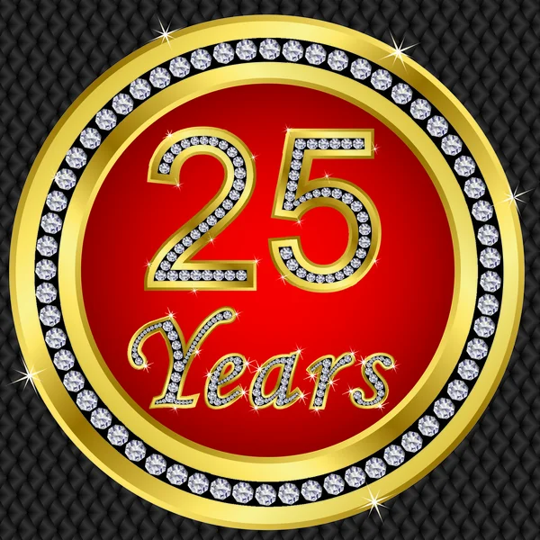 25 Jahre Jubiläum, Happy Birthday goldene Ikone mit Diamanten, Vektor illu — Stockvektor