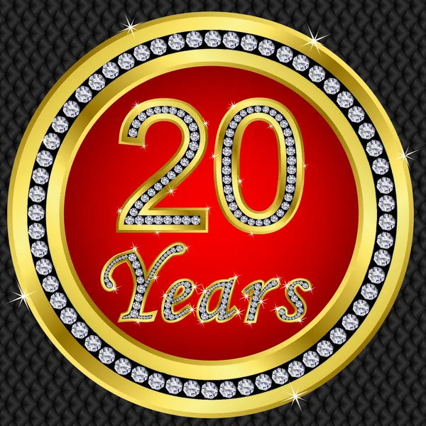 20 years anniversary, happy birthday golden icon with diamonds, vector illu — Stock Vector