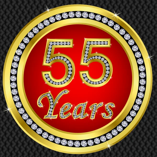 55 years anniversary, happy birthday golden icon with diamonds, vector illu — Stock Vector