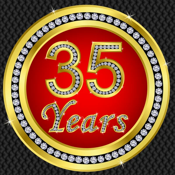35 Jahre Jubiläum, Happy Birthday goldene Ikone mit Diamanten, Vektor illu — Stockvektor