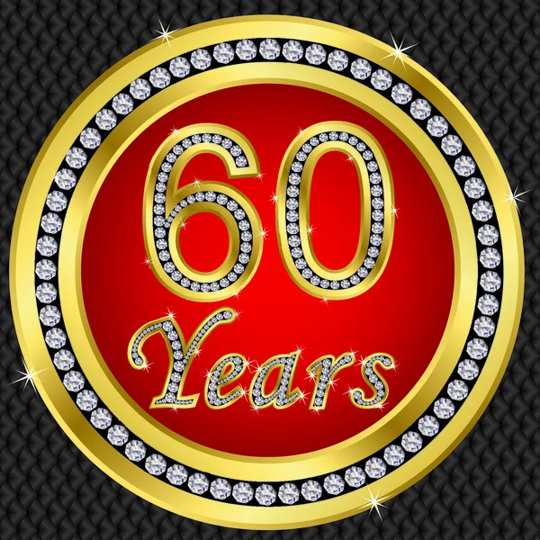 60 anos de aniversário, feliz aniversário ícone dourado com diamantes, vetor illu — Vetor de Stock