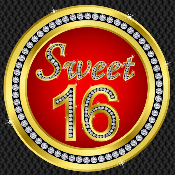 Sweet 16 år jubileum, Grattis på födelsedagen gyllene ikonen med diamanter, vecto — Stock vektor