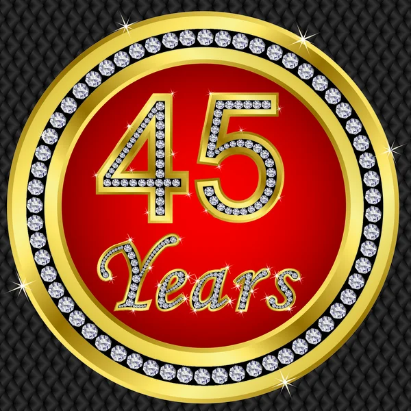 45 anos de aniversário, feliz aniversário ícone dourado com diamantes, vetor illu — Vetor de Stock