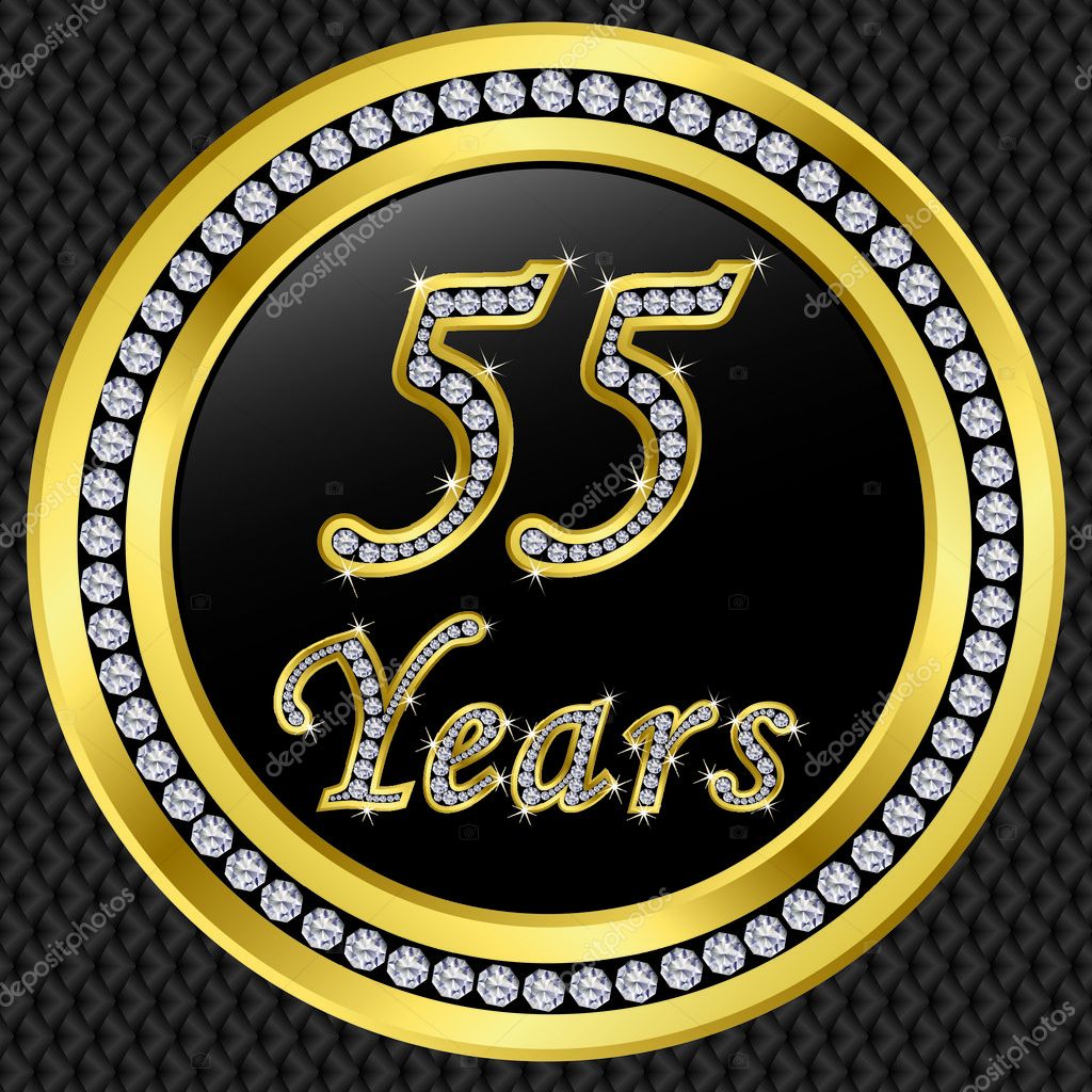 55 years anniversary, happy birthday golden icon with diamonds, vector illu — Stock Vector