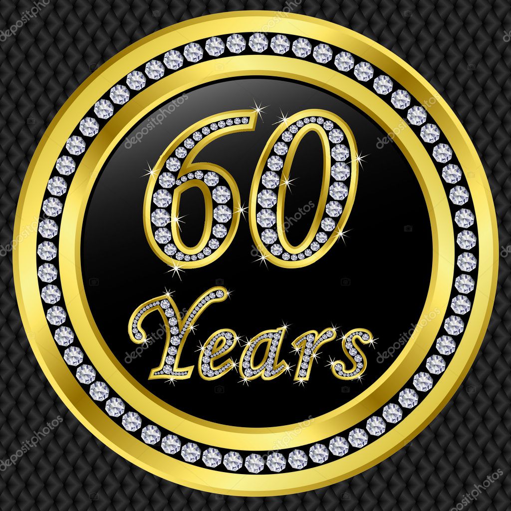 60 years anniversary, happy birthday golden icon with diamonds, vector ...