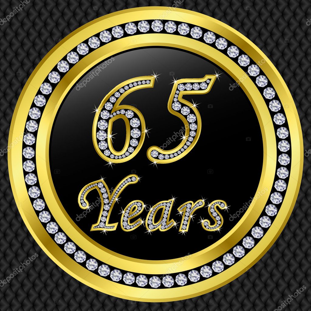 65 years anniversary, happy birthday golden icon with diamonds, vector ...