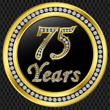 75 years anniversary, happy birthday golden icon with diamonds, vector illu clipart