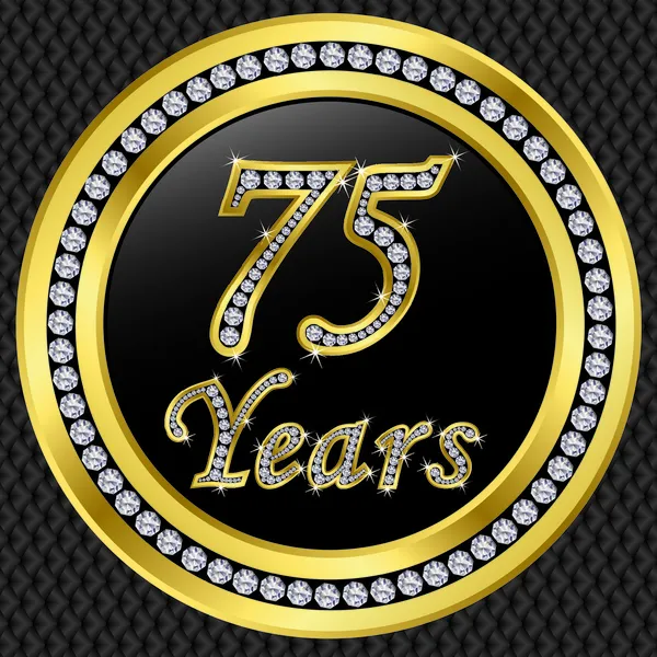 75 Jahre Jubiläum, Happy Birthday goldene Ikone mit Diamanten, Vektor illu — Stockvektor