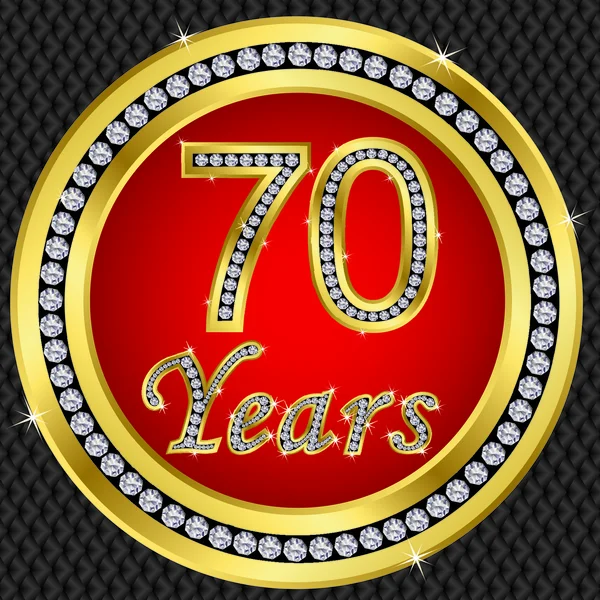 70 Jahre Jubiläum, Happy Birthday goldene Ikone mit Diamanten, Vektor illu — Stockvektor