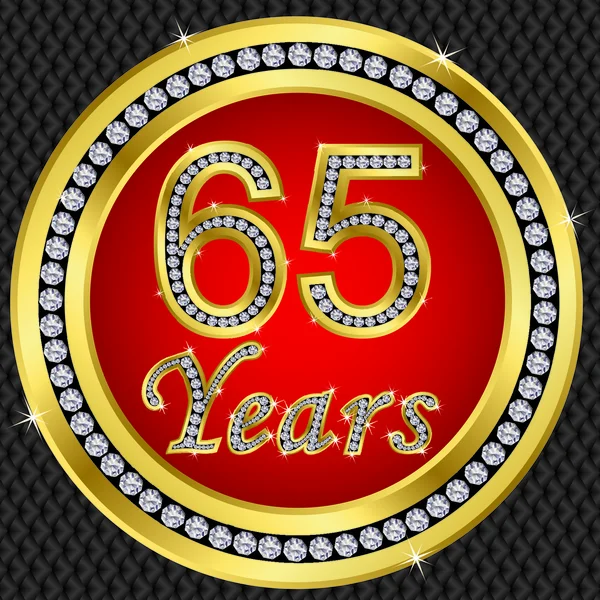 65 Jahre Jubiläum, Happy Birthday goldene Ikone mit Diamanten, Vektor illu — Stockvektor