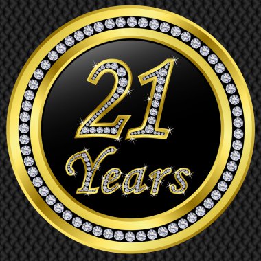 21 years anniversary, happy birthday golden icon with diamonds, vector illu clipart