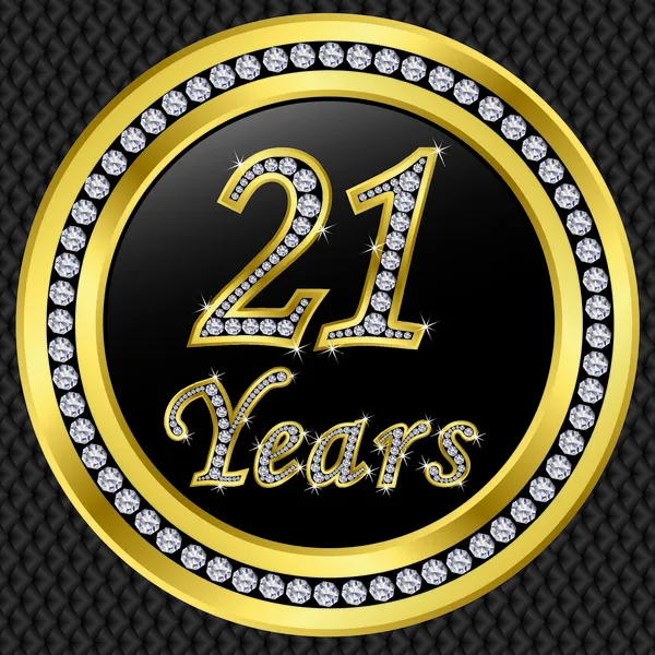 21 års jubileum, Grattis på födelsedagen gyllene ikonen med diamanter, vektor filterrengöring — Stock vektor