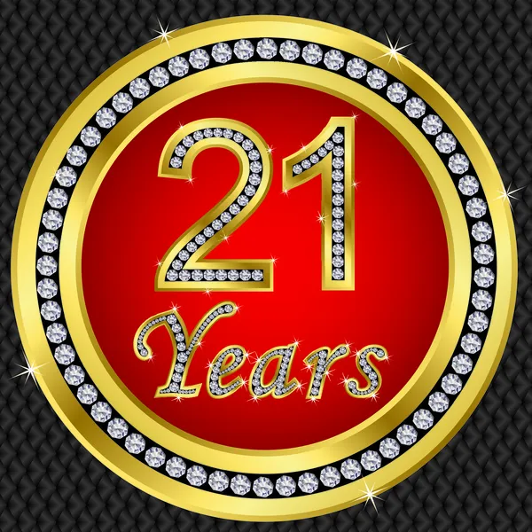 21 Jahre Jubiläum, Happy Birthday goldene Ikone mit Diamanten, Vektor illu — Stockvektor