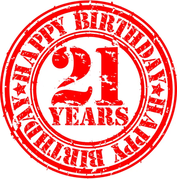 Grunge 21 anos feliz aniversário selo de borracha, ilustração vetorial — Vetor de Stock