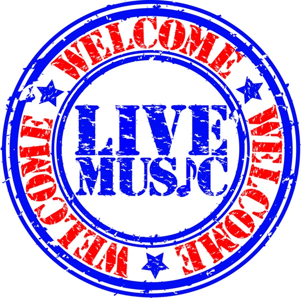 Grunge bienvenida música en vivo sello de goma, vector de ilustración — Archivo Imágenes Vectoriales