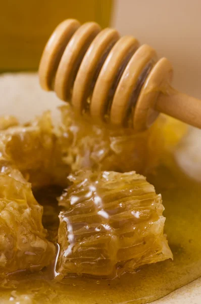 Pis de miel et bâton de miel en bois — Photo