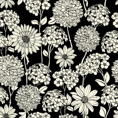 Black and white floral seamless pattern clipart