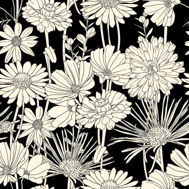 Black and white floral seamless pattern clipart