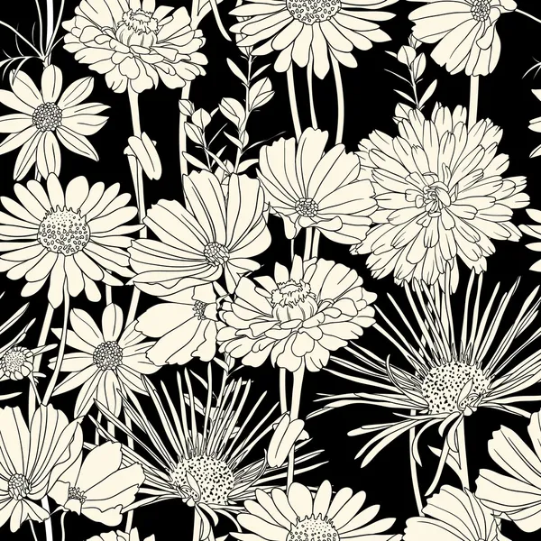 Motif floral sans couture noir et blanc — Image vectorielle