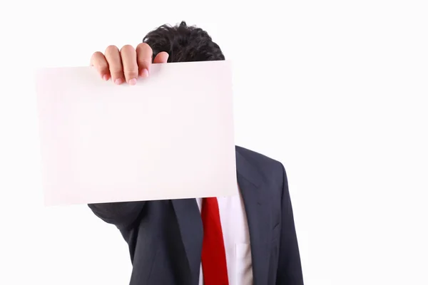 Business man holding blank white card — Stock Photo, Image