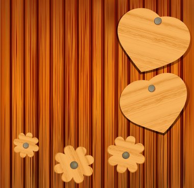 Wooden heart and flowers on a wooden background for Valentine clipart