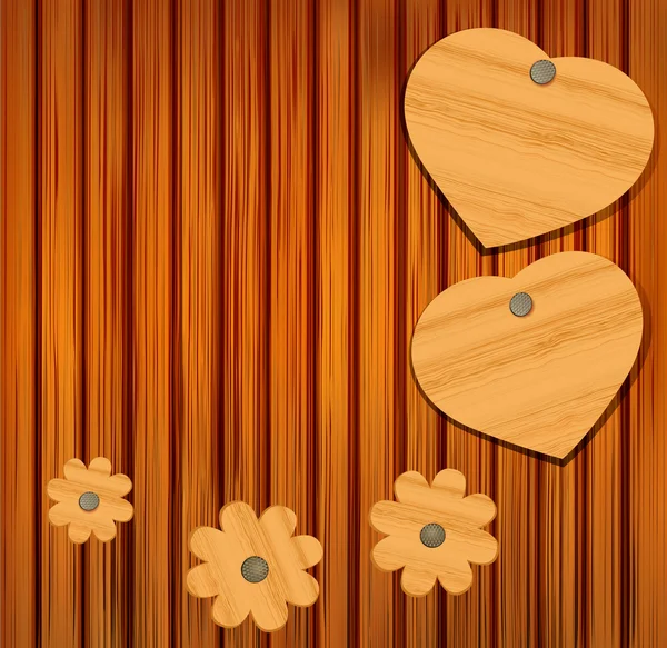 Corazón de madera y flores sobre fondo de madera para San Valentín — Vector de stock