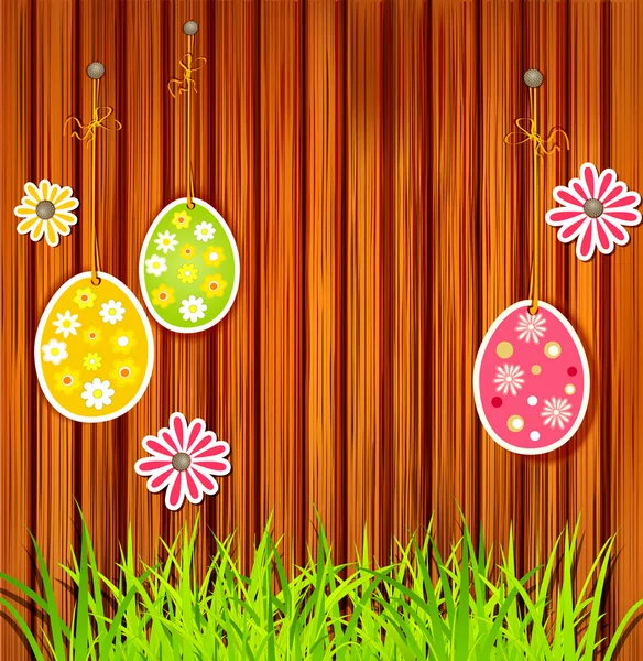 Ovos de Páscoa em um fundo de parede de madeira — Vetor de Stock