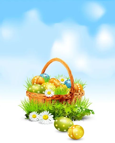 Easter background with a basket full Easter eggs — Stock Vector