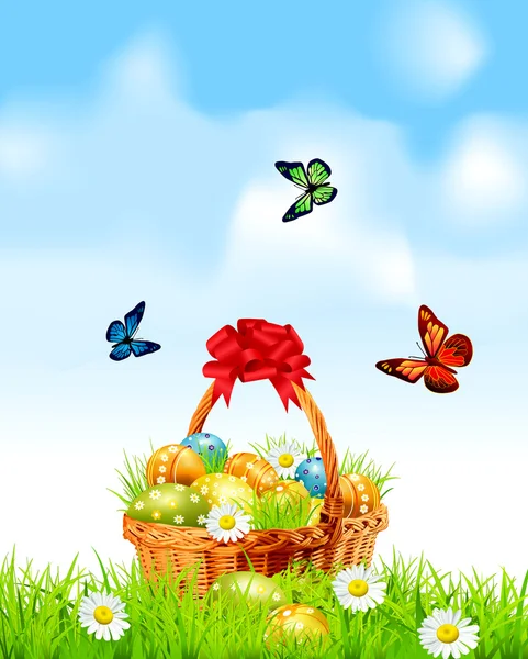 Fundo de Páscoa com uma cesta cheia de ovos de Páscoa — Vetor de Stock