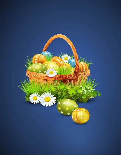 Una cesta llena de huevos de Pascua sobre un fondo azul — Vector de stock