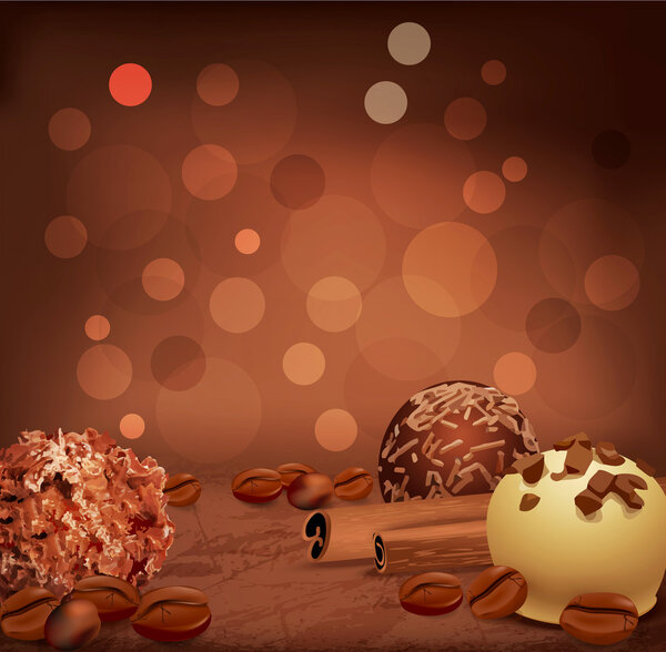 Romantic background with chocolates, coffee beans and cinnamon