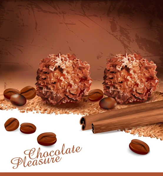 Bakgrund med romantiska choklad, kaffebönor och kanel — Stock vektor