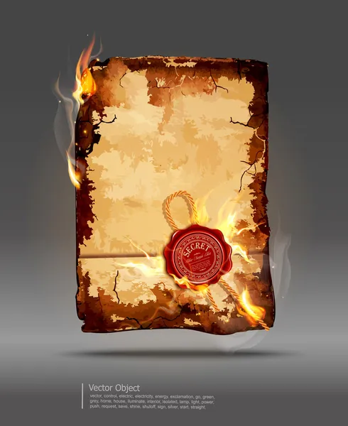 Brennendes Pergament mit Wachssiegel — Stockvektor
