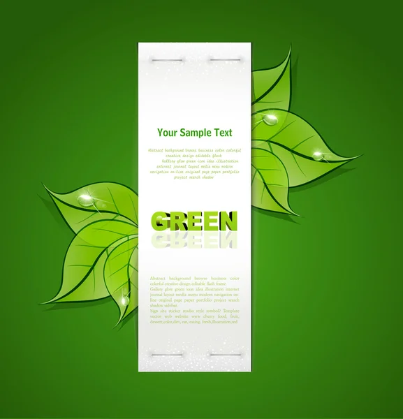 Vertikální papírový proužek s zelenými listy a kapky Rosy na velk — Stockový vektor