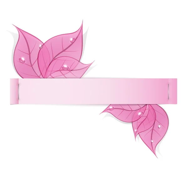 Tira de papel con hojas rosadas y gotas de rocío sobre un fondo blanco — Vector de stock