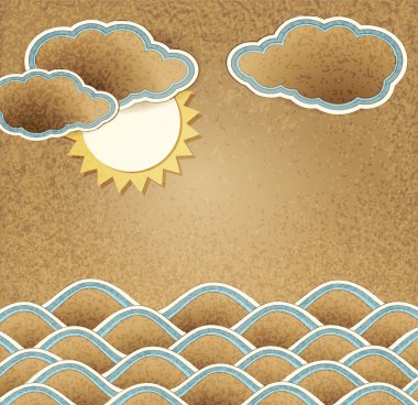 Deniz, bulutlar ve karton üzerine güneş ile antika arka plan