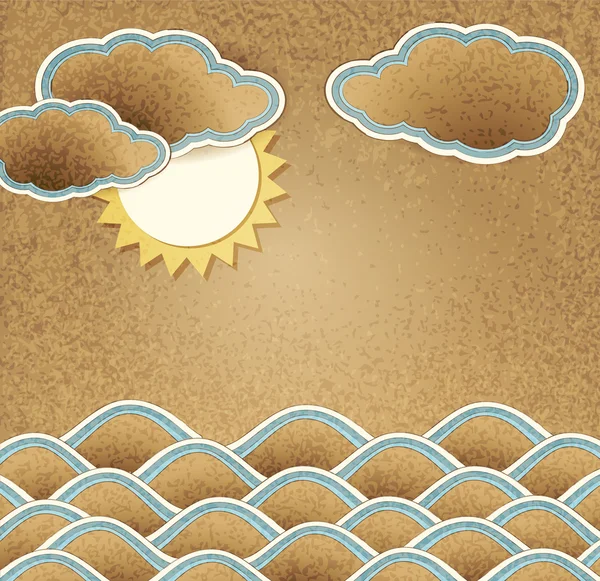 Вінтажний фон з морем, хмарами і сонцем на картоні — стоковий вектор