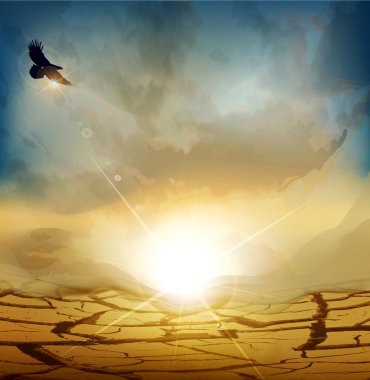 Vector desert landscape with rising sun and an eagle flying high clipart