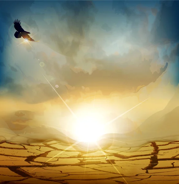 Paisaje del desierto vectorial con sol naciente y un águila volando alto — Vector de stock