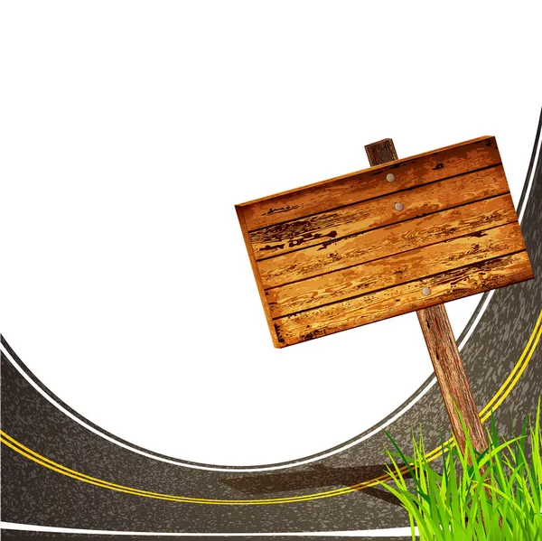 Estrada de asfalto com a apontar sinal de madeira no backg branco — Vetor de Stock