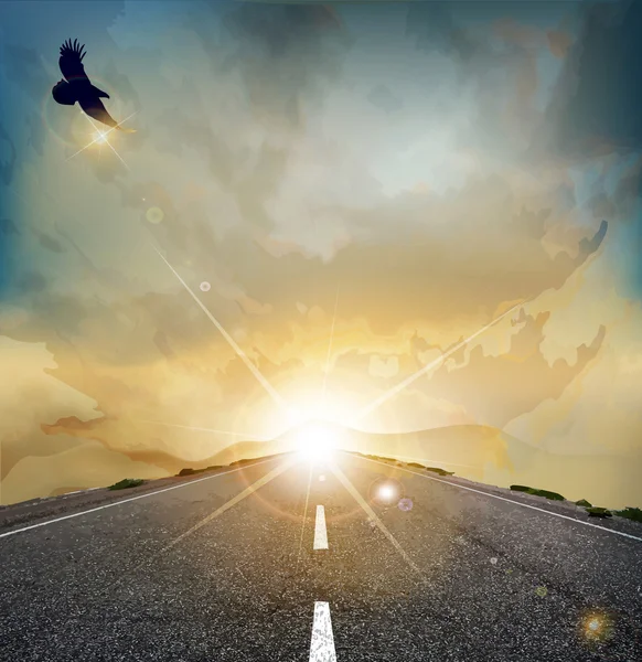 Paysage vectoriel avec soleil levant, aigle planant, et la route — Image vectorielle