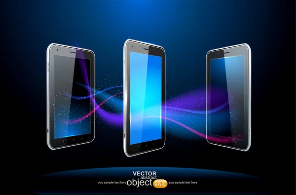 Latar belakang abstrak Vektor biru dengan tiga smartphone - Stok Vektor