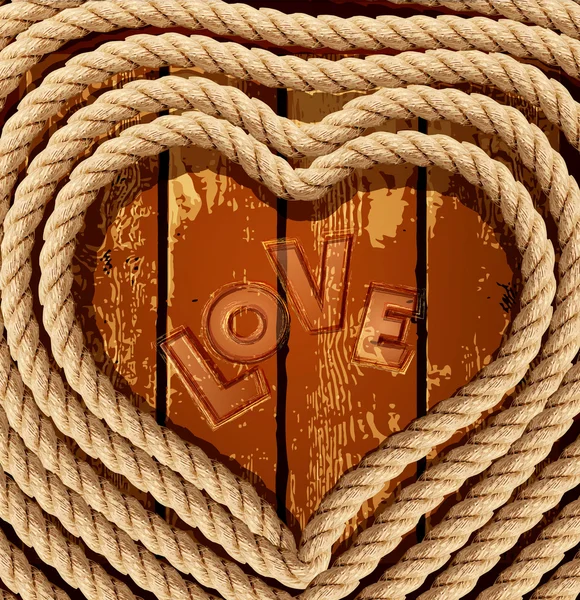 Fondo vectorial con un corazón de cuerda enrollada sobre un respaldo de madera — Vector de stock