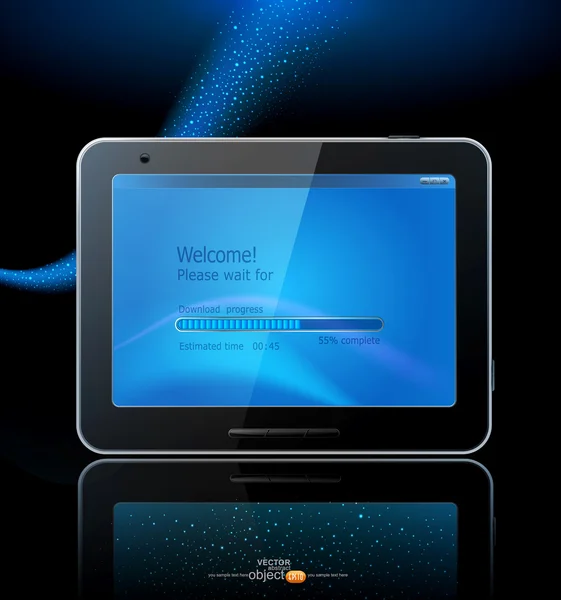 Pad tablet hitam vektor dengan layar biru dan refleksi pada - Stok Vektor