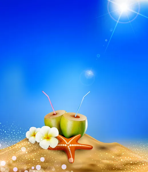 Illustration vectorielle avec cocktail de noix de coco, étoile de mer et fleurs — Image vectorielle