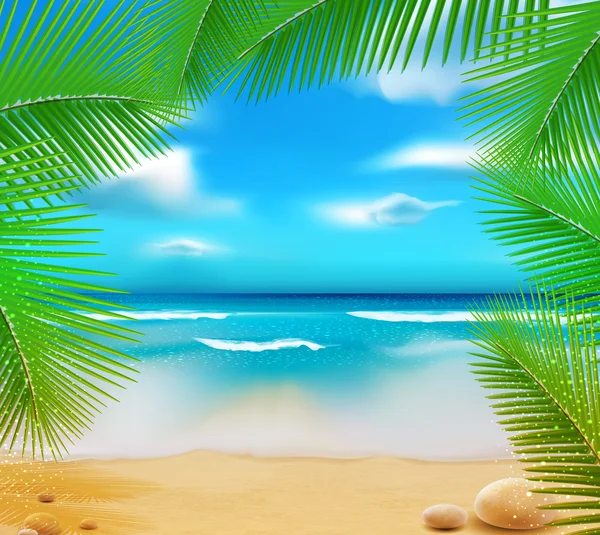 Веторный пейзаж с голубым океаном, золотыми песками и пальмами — стоковый вектор