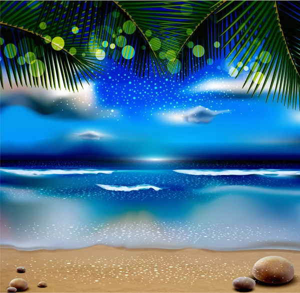 Paisaje vectorial nocturno con el océano y las palmeras — Vector de stock